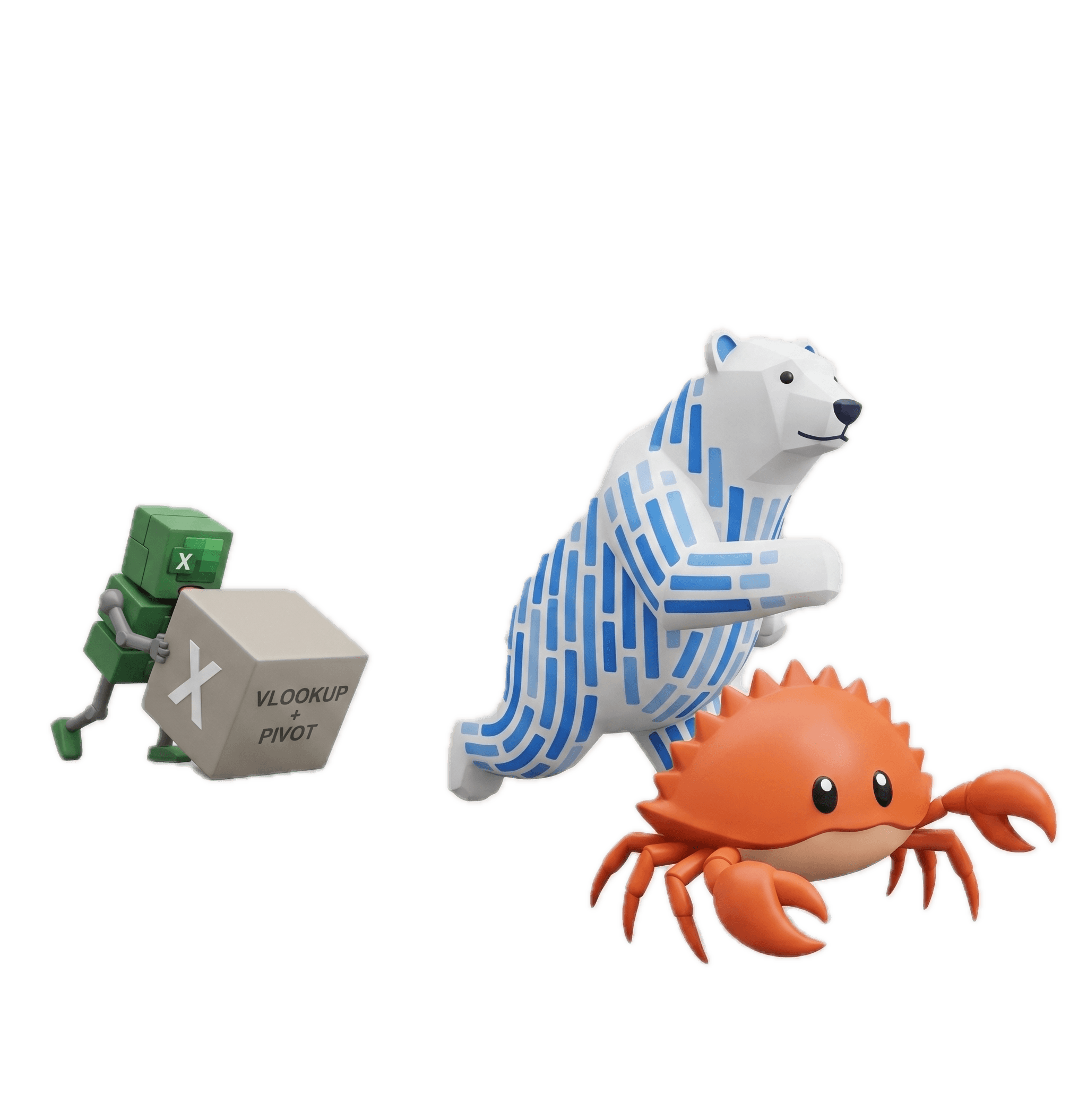 3D illustration of Excel struggling next to Polars and Rust